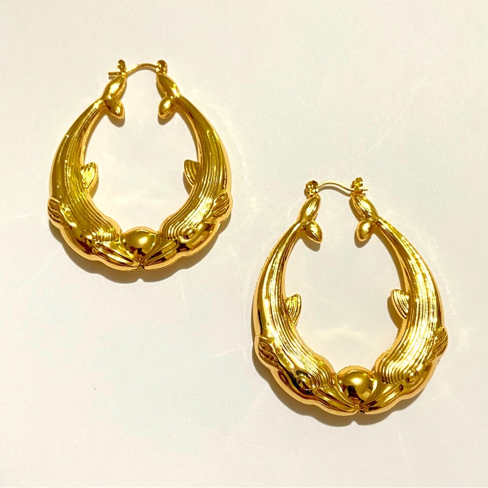 Retro Dolphin Earrings 14K Plated - Picture 2 of 5